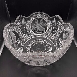 Vintage 1970s Hofbauer Byrdes Large Lead Crystal Fruit Bowl Avian Birds 8.3”